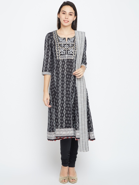 

Biba Women Black & White Printed Kurta with Churidar & Dupatta