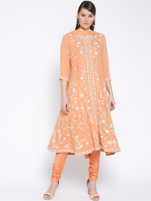 

Biba Women Orange Embroidered Kurta with Churidar & Dupatta