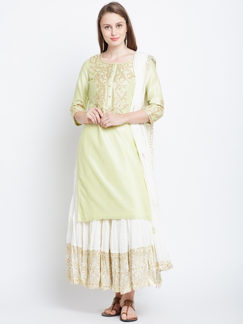 

Biba Women Green & Off-White Yoke Design Kurta with Skirt & Dupatta