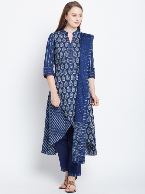 

Biba Women Navy & Green Printed Kurta with Trousers & Dupatta, Navy blue