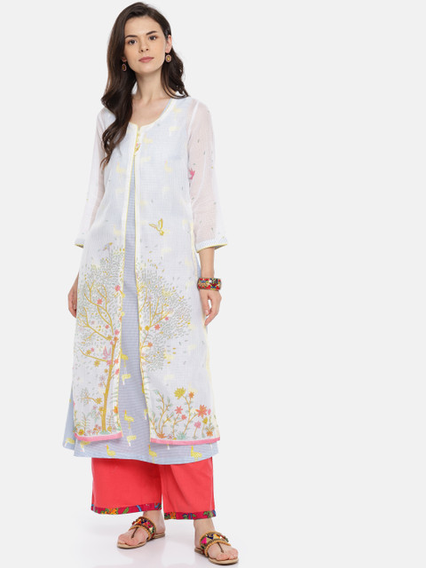 

Biba Women White & Blue Quirky Printed A-Line Layered Kurta