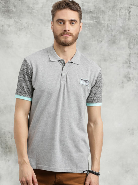 

Breakbounce Men Grey Melange Printed Polo Collar T-shirt