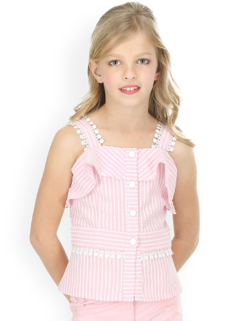 

CUTECUMBER Girls Pink Striped Bardot Pure Cotton Top