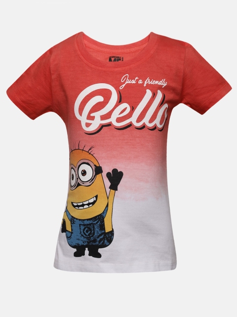 

YK Minion Girls Coral Pink & White Printed T-shirt