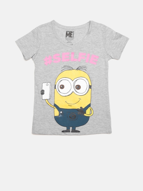 

YK Minion Girls Grey Melange Printed Round Neck T-shirt