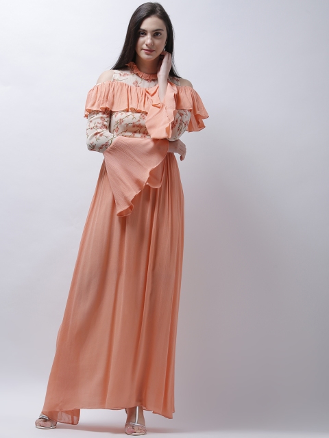 

Athena Women Peach-Coloured Printed Cold-Shoulder Maxi Dress