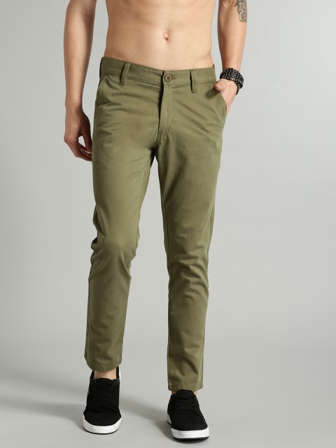 

Roadster Men Olive Green Regular Fit Solid Ankle-Length Trousers