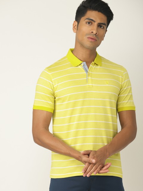 

Allen Solly Men Yellow White Striped Polo Collar Pure Cotton T-shirt