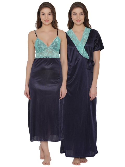 

Clovia Women Navy Blue Solid Satin Nightdress With Robe