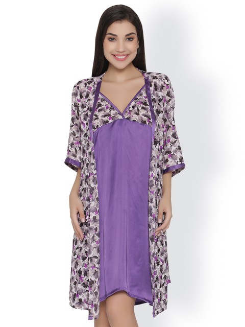

Clovia Women Purple Printed Nightdress with Robe