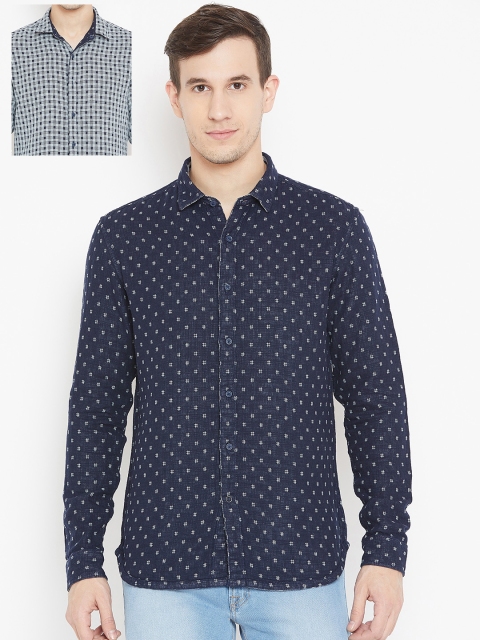 

Numero Uno Men Navy Blue Slim Fit Self Design Denim Reversible Casual Shirt