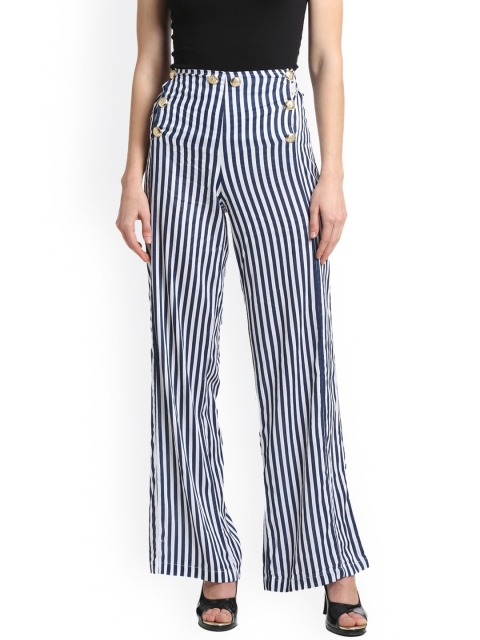 

THE SILHOUETTE STORE Women Blue & White Slim Fit Striped Chinos