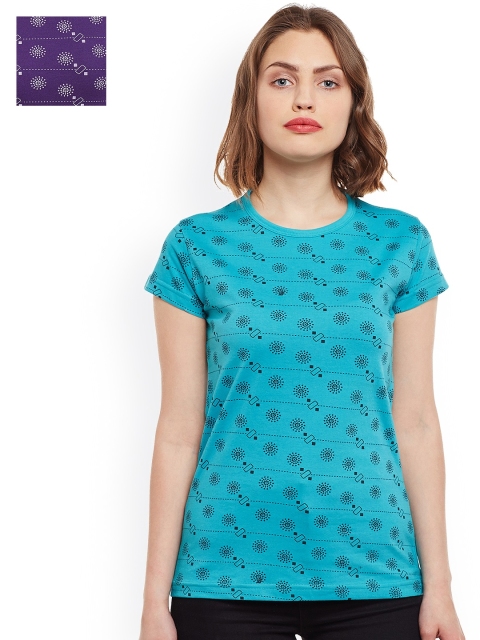 

VIMAL JONNEY Women Set of 2 Printed T-shirts, Turquoise blue