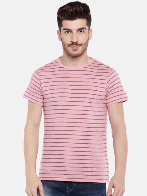 

MATRIX Men Pink & Black Striped Round Neck T-shirt