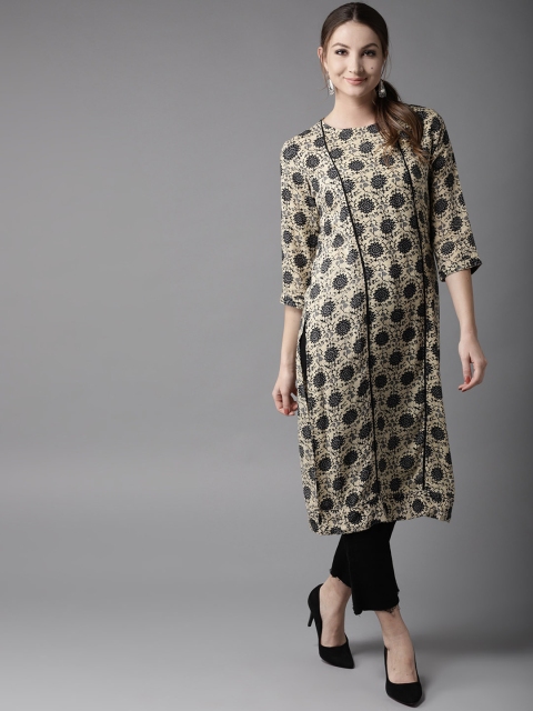 

HERE&NOW Women Beige & Grey Printed Straight Kurta