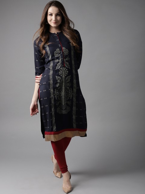 

HERE&NOW Women Navy Blue Printed Straight Kurta