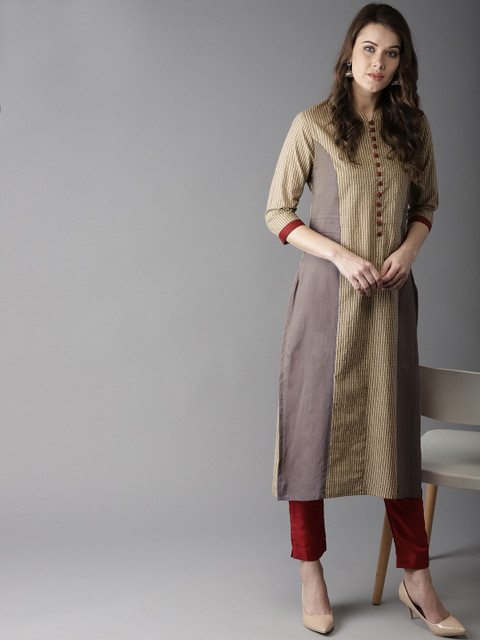 

HERE&NOW Women Beige & Taupe Striped Panelled Straight Kurta