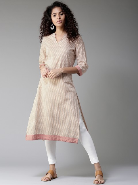 

HERE&NOW Women Beige & Off-White Striped Straight Kurta