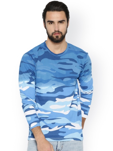 

Campus Sutra Men Blue Camouflage Print Round Neck T-shirt