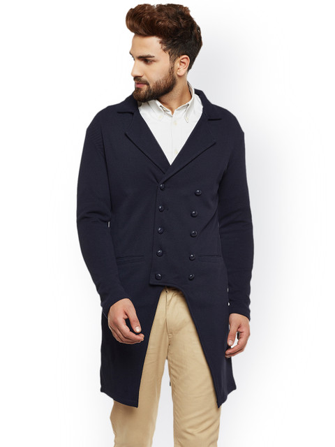 

Hypernation Men Navy Blue Solid Duster Jacket