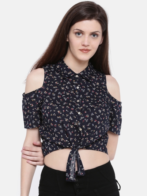

Deal Jeans Women Navy & Red Floral Printed Cropped Shirt, Navy blue