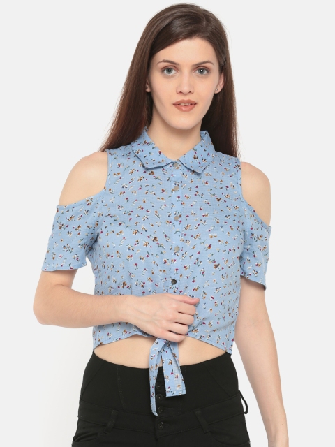 

Deal Jeans Women Blue Floral Printed Casual Cold-Shoulder Cropped Shirt