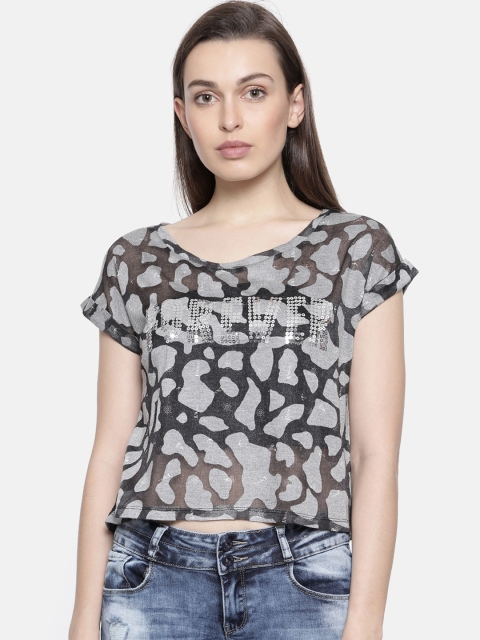 

Deal Jeans Women Grey & Black Printed Sheer T-shirt
