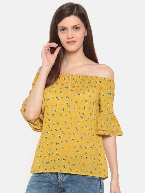 

Deal Jeans Women Mustard Yellow Printed Bardot Top