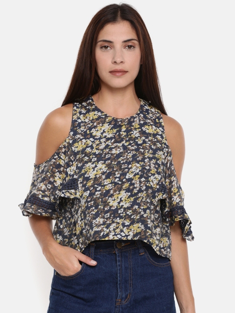 

Deal Jeans Women Navy Blue & Yellow Floral Printed Cold-shoulder Top