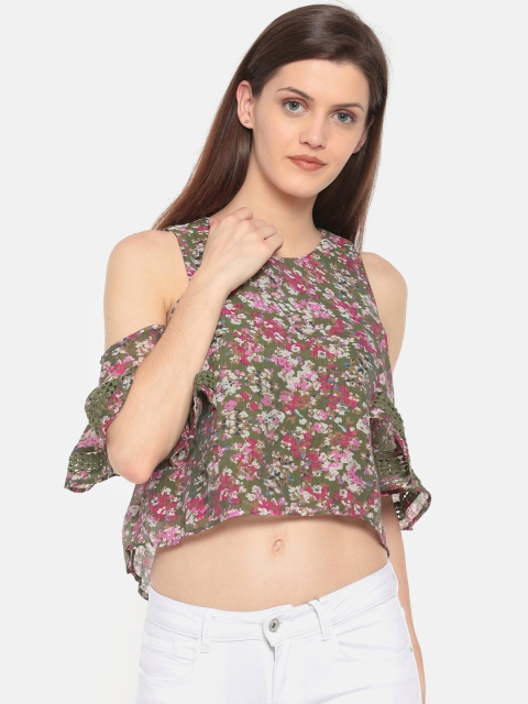 

Deal Jeans Women Green Floral Printed Cold-shoulder Crop Top