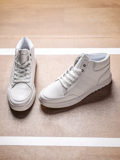 

WROGN Men White Solid Synthetic Mid-Top Sneakers