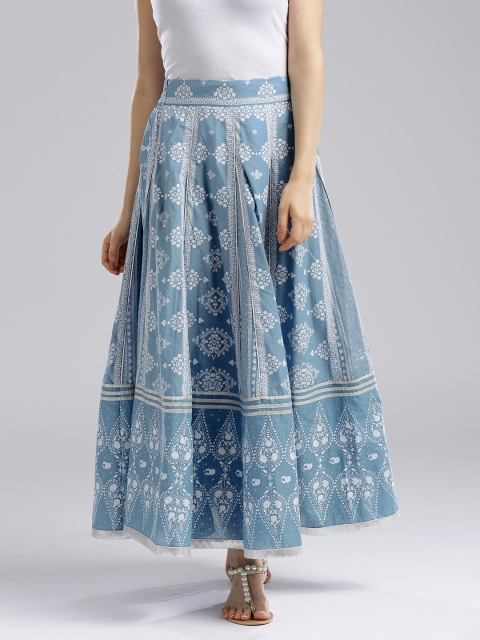 

W Blue & White Printed Maxi Flared Pure Cotton Skirt