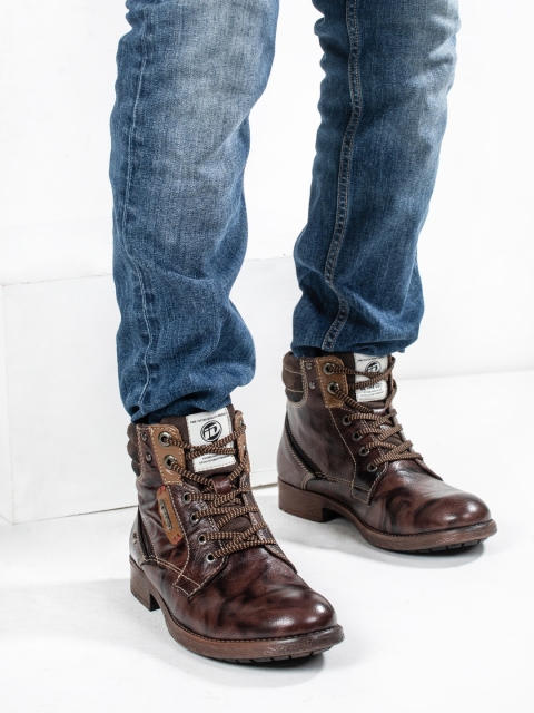 

ID Men Brown Solid Leather Mid-Top Flat Boots