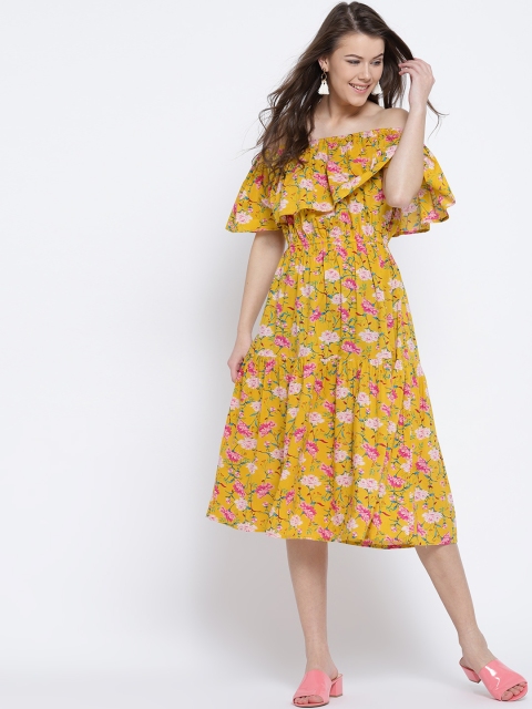 

Sera Women Yellow & Pink Printed Off-Shoulder Midi Fit & Flare Dress
