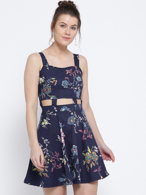 

Sera Women Navy Blue Floral Print Cut-Out Fit and Flare Dress