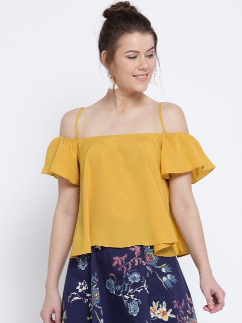 

Sera Women Mustard Yellow Solid Ruffled Bardot Top