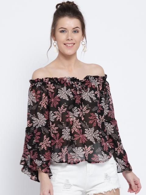 

Sera Women Black & Off-White Printed Sheer Bardot Top