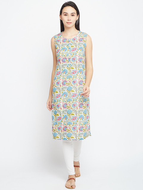 

Biba Women White & Blue Printed Straight Kurta