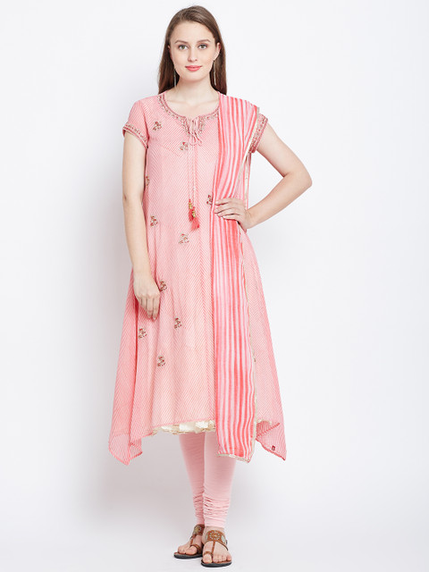 

Biba Women Pink Striped Layered A-Line Kurta with Churidar & Dupatta