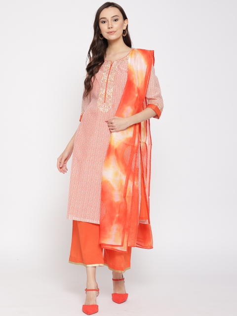 

Biba Women Orange & White Printed Kurta with Palazzos & Dupatta