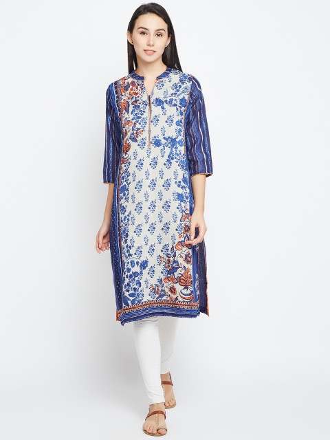 

Biba Women Blue & Grey Printed Straight Kurta