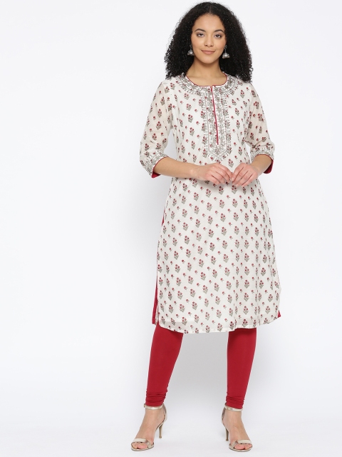 

Biba Women Off-White & Maroon Printed Straight Kurta