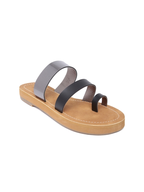 

Inc 5 Women Black & Gunmetal-Toned Solid Synthetic One Toe Flats