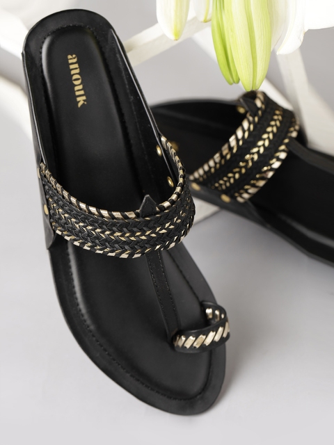 

Anouk Women Black & Gold-Toned Woven Design Synthetic One-Toe Flats