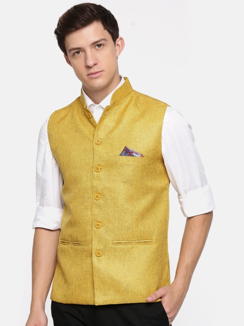 

RG DESIGNERS Men Mustard Yellow Woven Design Nehru Jacket