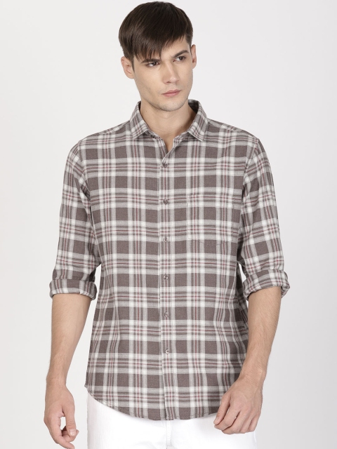 

ether Men Brown & Grey Slim Fit Checked Casual Shirt