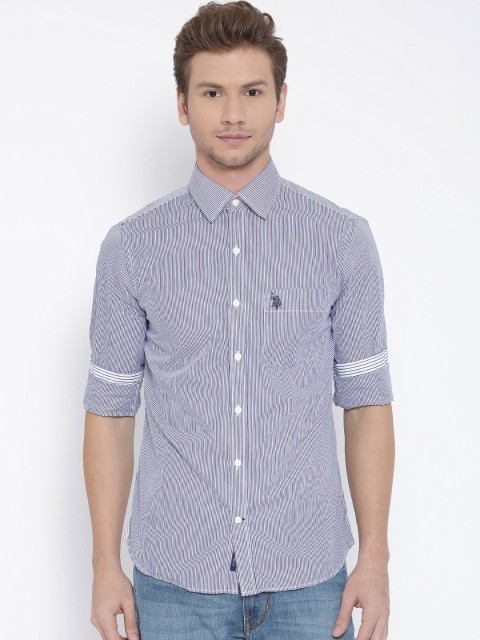 

U.S. Polo Assn. Men White & Navy Striped Tailored Fit Smart-Casual Shirt
