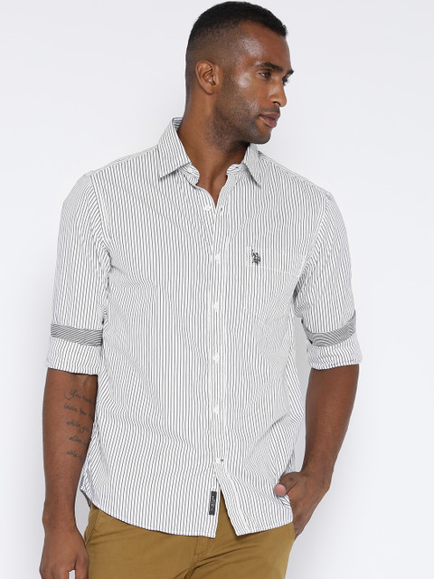 

U.S. Polo Assn. Men White & Navy Striped Tailored Fit Smart-Casual Shirt