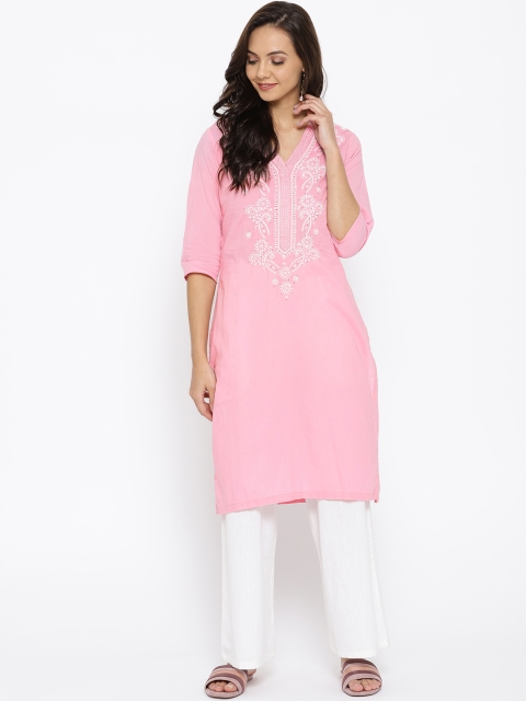 

Biba Women Pink & White Yoke Design Straight Kurta