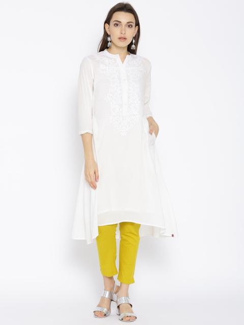 

Biba Women White Yoke Design Asymmetric Hemline A-Line Kurta